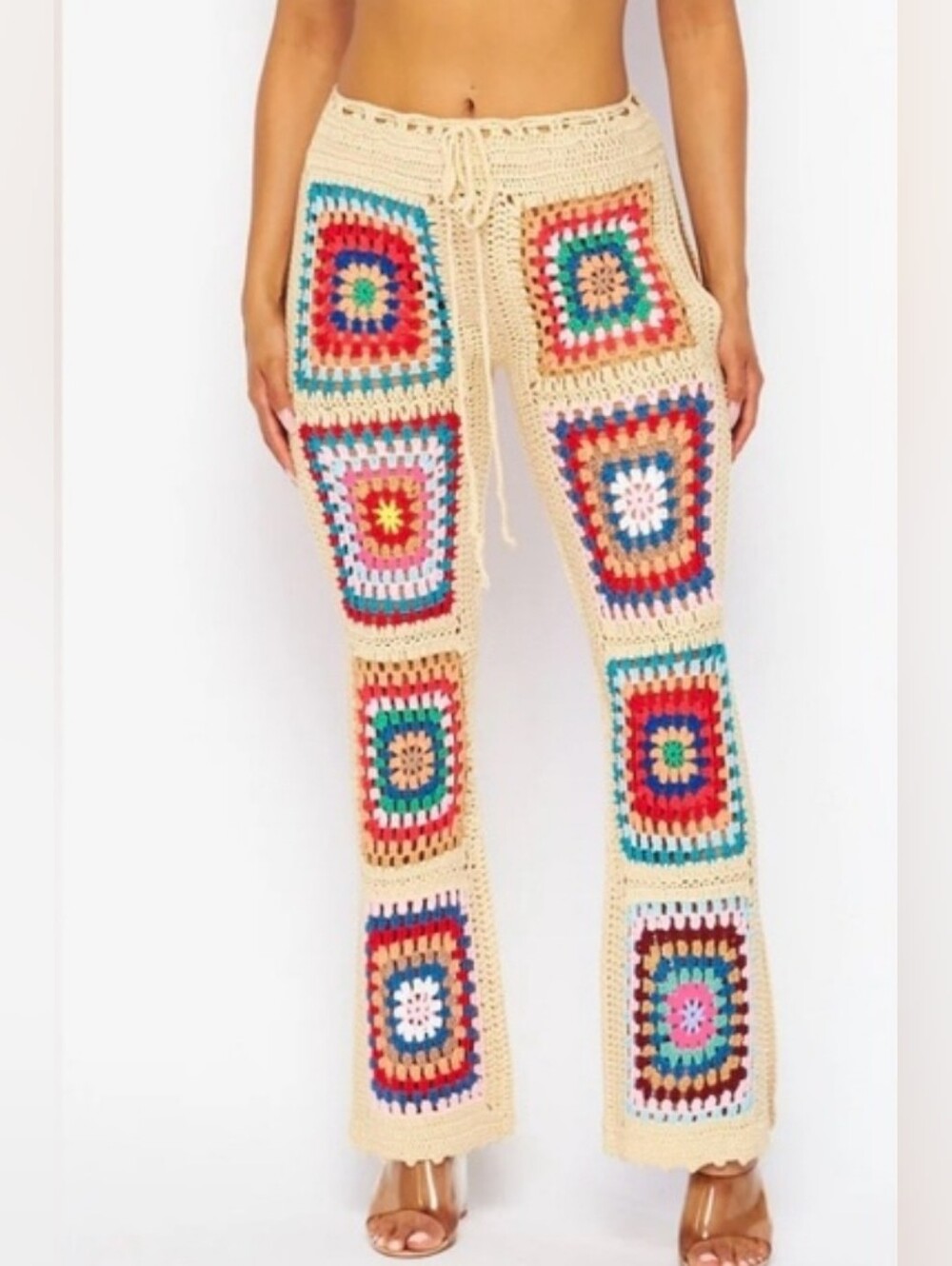 Granny Square Crochet Boot Cut Pants Boho Festival Beige Multicolor M